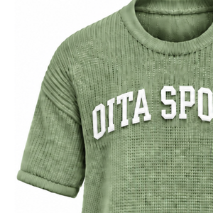 T-shirt en maille vert sauge pour homme, manches courtes, col rond, texturé, décontracté, imprimé personnalisé, streetwear, mode estivale, vente en gros - Product Image 3