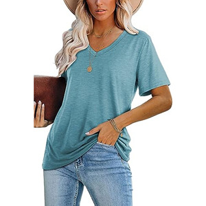 Camiseta de Mujer con Cuello en V, Manga Corta, Color Sólido, Corte Holgado, Informal, Verano, Transpirable, Tejido de Jersey de Algodón - Product Image 5