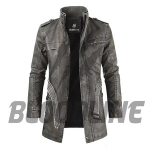 BLOODLINE Men's PU Leather <b>Jacket</b> Stand Collar Zipper Closure <b>Slim</b> <b>Fit</b> Long Length Casual Autumn Wear - Product Image 1