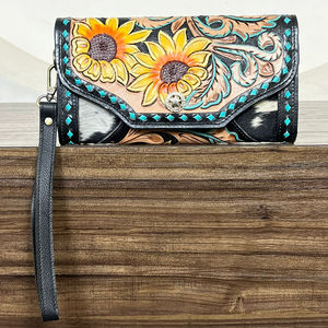 Cartera de Mano de Cuero Genuino con Diseño de Girasol, Estilo Occidental, de Lujo, con Múltiples Ranuras para Tarjetas, Protección RFID, Correa Larga para la Muñeca, para Mujer - Product Image 4