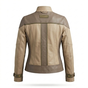 Colorblock Womens <b>Real</b> Sheepskin <b>Leather</b> <b>Jacket</b> Cargo Pocket Vintage Utility Safari Moto Rider Coat Beige Tan Brown - Product Image 2