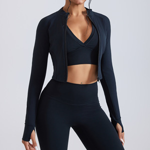 <b>Navy</b> Blue 3 Piece Yoga Set High Waist Seamless Flared Pants Deep V Neck Crop <b>Top</b> Full-Length Drawstring Jacket Breathable - Product Image 5