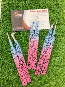 Pince à épiler rose bleu bicolore pour bébé, extension de cils à pointe en fibre d'acier inoxydable durable, prix de gros - Product Image 3