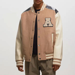 Men's Beige Varsity <b>Jacket</b> With White Sleeves Turn-down Collar Preppy Style Autumn Wear Embroidered Letter A Front Closure - Product Image 3
