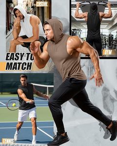 Custom <b>Sleeveless</b> <b>Hoodie</b> Low MOQ Hooded Vest Men Pullover Kangaroo Pocket Chocolate Brown Charcoal Grey Workout Streetwear Gym - Product Image 4