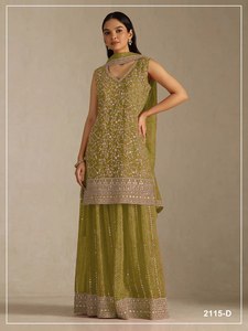 Traje Salwar Tradicional Verde Bordado con Dupatta, Corte Holgado, Largo hasta el Suelo, Ropa India y Pakistaní para Mujer - Product Image 3