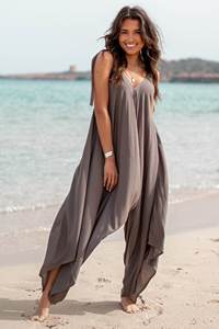 จั๊มสูทผ้าฝ้ายลายมัดย้อมสำหรับผู้หญิง สายเดี่ยว คอวี ทรงหลวม ขากว้าง สไตล์ลำลอง ชุดฤดูร้อน - Product Image 3