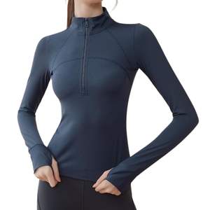Veste de yoga pour femme jaune fluo à fermeture éclair intégrale, col montant, coupe ajustée, manches longues, respirante, haute élasticité, haut de sport avec logo frontal - Product Image 5