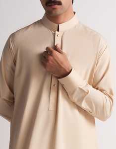 Thobe beige à manches longues pour homme, longueur au sol, col montant, tenue de prière islamique modeste, couleur unie, coton, toutes saisons - Product Image 3
