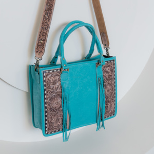 กระเป๋าโท้ทใบใหญ่ลายดอกไม้หนังเทอร์ควอยส์ใหม่สำหรับผู้หญิงกระเป๋าคลัทช์ซองหนังมีพู่ทำด้วยมือลายนูน - Product Image 4