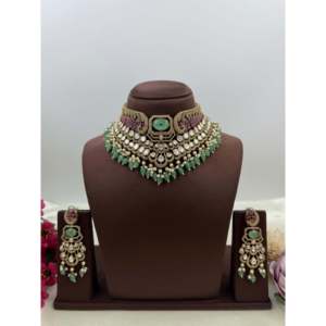 Indian Ethnic Rupali Premium Victorian Gold Plated Natural Stone Brass Women's Bridal Jewelry Set for Wedding - Product Image 1