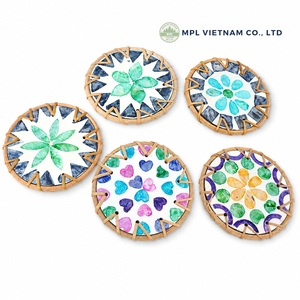 Handcrafted Mother of Pearl Mosaic <b>Trivet</b> Custom Round Woven Rattan Coaster Set Premium Sustainable Kitchen Table Mat - Product Image 4