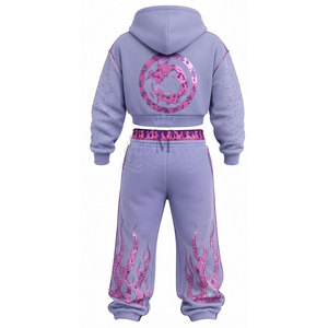 Men Purple Flame Silk Screen Print Tracksuit Set 100% Cotton Full Length Zipper 450 Gsm <b>Cropped</b> Hoodie <b>Jogger</b> Casual Loose Fit - Product Image 2