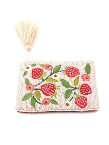 FAIZA CRAFT Sac à main rectangulaire léger fait main rose perlé brodé de fleurs de fraises avec porte-monnaie à chaîne détachable et pompon - Product Image 1