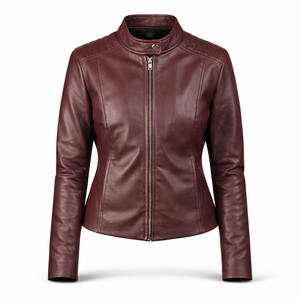 Veste élégante pour femmes en cuir synthétique marron, motif hivernal, logo, coupe ajustée minimaliste, col rabattu, fermeture éclair, fabrication OEM - Product Image 1