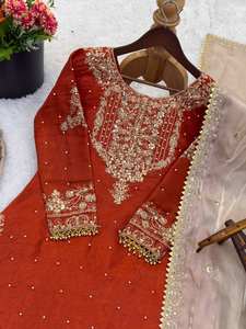 Kurti en soie GMY lourde avec broderie Dori-sequins et travail de perles rivetées, ensemble complet avec Plazzo et Dupatta entièrement cousus, pour femme, style ethnique - Product Image 5
