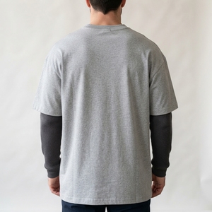 Men's T Shirt Gray Layered Long Sleeve Crew Neck Oversized Fit Short Sleeve Casual Streetwear <b>Tshirt</b> Clothes - Product Image 2