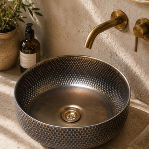 Lavabo de cobre martillado a mano, lavabo de baño de cobre hecho a mano, lavabo decorativo rústico de lujo para el hogar moderno y hoteles. - Product Image 3