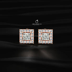 Boucles d'oreilles clous en diamant taille princesse cultivé en laboratoire, or rose 10K/14K/18K, halo carré, bijoux de luxe pour mariage pour femme - Product Image 1