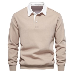 Camisa de Hombre de Manga Corta, Cuello Alto, Tejido a Rayas, Corte Regular, Diseño Casual, Color Negro y Beige, Patrón de Bloques de Color en Contraste, 100% - Product Image 3