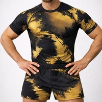 Ensemble Rash Guard de Compression Unisexe No-Gi BJJ pour Entraînement MMA – T-shirt et Short Respirants en Tissu Extensible Anti-Bactérien Anti-UV Séchage Rapide