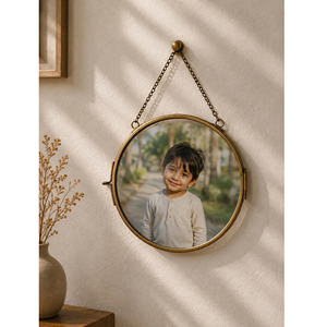 Cadre photo suspendu en verre transparent de forme ronde, finition antique, finition dorée, cadre photo le plus vendu, décoration de fleurs pressées - Product Image 3