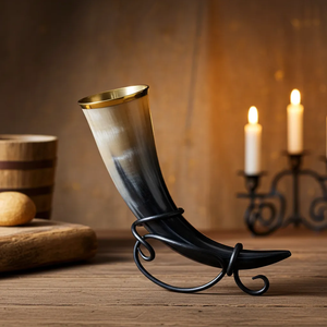 Black & Ivory Viking <b>Drinking</b> <b>Horn</b> with Antique Brass Rim and Ornamental Stand – Medieval Norse Style Decor & Barware - Product Image 1