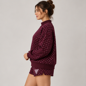Ensemble short 2 pièces pour femme, bordeaux, micro-points, col montant, vêtements de sport décontractés personnalisés - Product Image 4