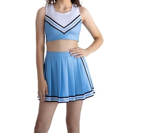 Ensemble deux pièces pour femmes, haut sans manches avec jupe plissée, uniforme sportif rayé, bleu et blanc, bloc de couleurs - Product Image 1