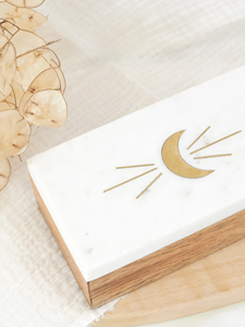 Marble box handcrafted from sustainably mango wood with a marble lid features a brass lunar crescent moon Storage Boxes - Product Image 5