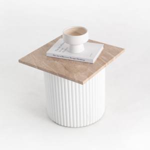 Mesa Auxiliar Marrón Vandana Orion Sierra Brecia con Base de Madera Blanca, Diseño Moderno - Product Image 4