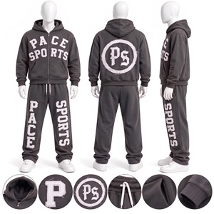 mens retro berry magenta red tracksuit towel patch embroidery hooded zip <b>jacket</b> <b>straight</b> sweatpants heavy fleece 2 piece outfit - Product Image 2