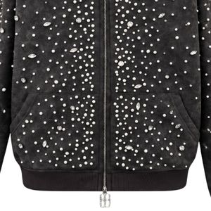 Black Pearl Full <b>Zip</b> <b>Hoodie</b> Luxury Crystal Studded Streetwear Jacket Long Sleeve Hooded Sweatshirt With <b>Pockets</b> - Product Image 5