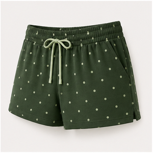 Pantalones Cortos de Salón para Mujer, Personalizados, Color Verde Bosque con Puntos, Corte Recto, con Cordón Ajustable, de Jersey de Bambú y Viscosa - Product Image 3