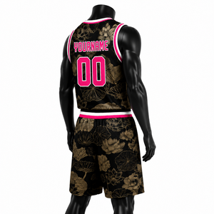 Ensemble de maillots de basket personnalisés unisexe, imprimé floral sublimé, 100% polyester respirant, débardeur à col en V, short à taille élastique - Product Image 4
