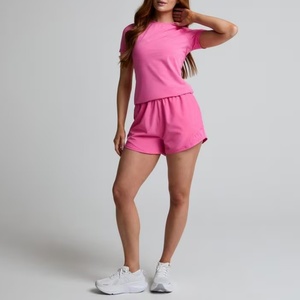 T-shirt à manches courtes col rond rose pour femme, coupe ajustée, séchage rapide, tricoté en polyester, décontracté, pour le printemps et l'été - Product Image 2