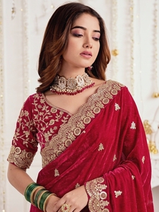 Sari en velours bordeaux AARA Fashion avec broderie dorée, protection solaire, toutes saisons, pour mariage, femmes, traditionnel indien, longueur au sol - Product Image 3