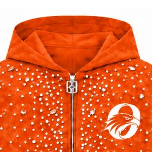 Bright <b>Orange</b> Pearl Zip <b>Hoodie</b> Crystal Studded Winter Streetwear Jacket Long Sleeve Casual Hooded Sweatshirt Front Pockets - Product Image 3