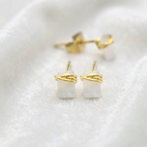 Ratnarachit Hand Wire Wrapped Rainbow Moonstone <b>Earrings</b>-Gold Plated Women's Minimalist Square Cut <b>Studs</b> - Product Image 2