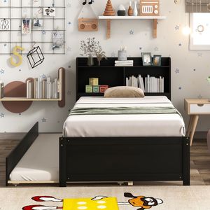 Espresso Twin <b>Bed</b> with Trundle and Bookcase for Organization and <b>Space</b> <b>Saving</b> - Product Image 5