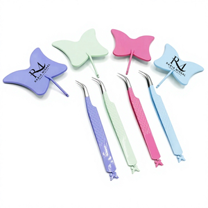 Miroir pour extensions de cils en forme de papillon, 4 couleurs différentes avec revêtement en poudre, et pince à extensions de cils à pointe courbée assortie - Product Image 1