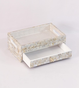 Handmade Oval Polished Mother of Pearl Inlay Luxury Indian Makeup Organizer <b>Tray</b> with <b>Drawer</b> Shell Inlay Vanity Storage Box - Product Image 1