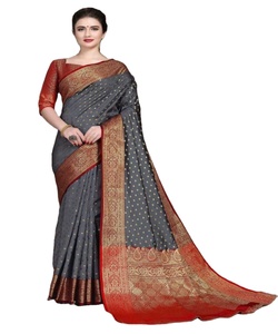 Sari en soie Kanchipuram pour soirée, mariage indien, dernière collection de designer, tissage en soie et coton Banarasi, multicolore, avec chemisier pour femme - Product Image 1