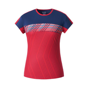 T-shirt de badminton et de tennis personnalisé pour femmes, couleur bleu turquoise, rouge et blanc, bloc de couleurs, séchage rapide, respirant, manches courtes, jersey athlétique en polyester - Product Image 1