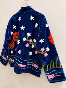Nostalgic Character Art And Traditional Inspired Suzani Embroidery <b>Velvet</b> Jacket Artistic Playful Fusion Outwear Statement <b>Coat</b> - Product Image 4