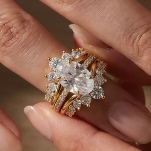 Trendy Oval Cut 4.0 Carat Moissanite Engagement <b>Ring</b> 4 Prong <b>Set</b> 925 <b>Sterling</b> <b>Silver</b> 18K Yellow Gold Plated Wedding Band for - Product Image 1