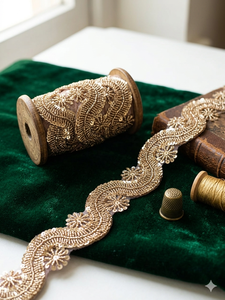 Exquisito Borde de Saree Floral Ecológico con Adornos Hechos a Mano, Lentejuelas Metálicas, Bordado de Precisión con Cuentas, Premium, Elegante y Romántico - Product Image 6