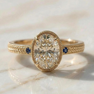 Bague de fiançailles pour femme en or jaune avec diamant naturel taille ovale et pierres latérales en saphir, style vintage - Product Image 5