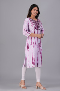 Women Purple Tie <b>Dye</b> Printed Kurti with , 3/4 Sleeves Embroidery Casual Ethnic Wear Straight Kurta for Daily Wear . - Product Image 6