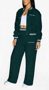 Oneten Apparel Women <b>Dark</b> <b>Green</b> Sporty Tracksuit Set Snap Button Jacket Wide Leg Pants Two Piece Outfit - Product Image 2